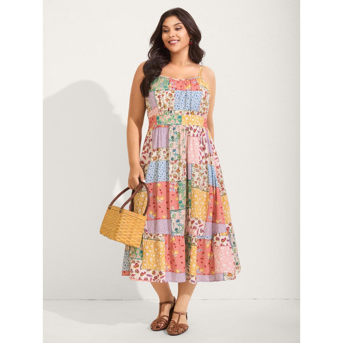 Plus Size Sunkissed Collage Print Flared Midi Dress Multicolor Women Playful Heart neckline Sleeveless Curvy BloomChic 22-24/3X Product Image