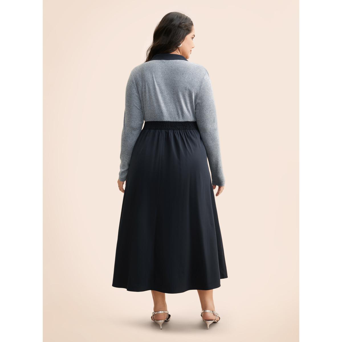 Plus Size Contrast Shirt Collar Button Detail Dress Indigo Women Elegant Contrast Shirt collar Extra Long Sleeve Curvy BloomChic 14-16/1X Product Image