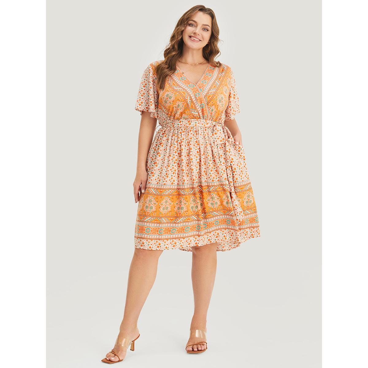 Plus Size Bandana Print Belted Pocket Flutter Surplice Neck Knee Dress Orange Women Vacation Pocket V-neck Short sleeve Curvy Knee Dress BloomChic 14-16/1X Product Image