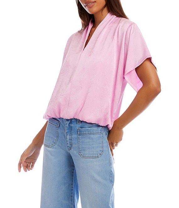 Karen Kane Petite Size Crushed Satin V-Neck Short Sleeve Top Product Image