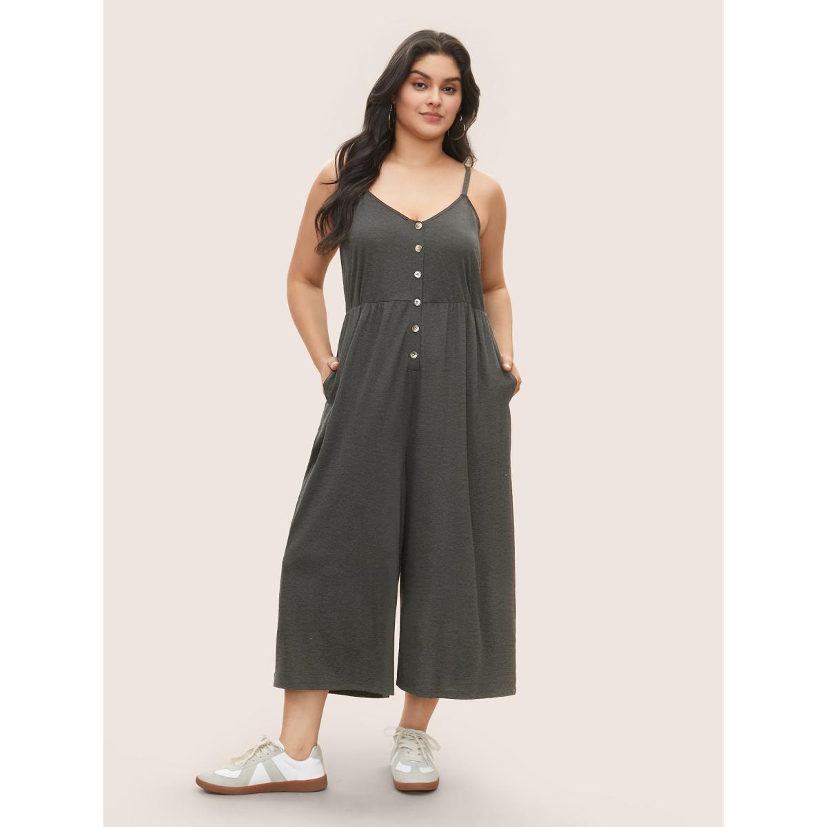 Plus Size DarkGray Solid Button Detail Gathered Jumpsuit Women Casual Sleeveless Non Everyday Loose Jumpsuits BloomChic 28/5X Product Image