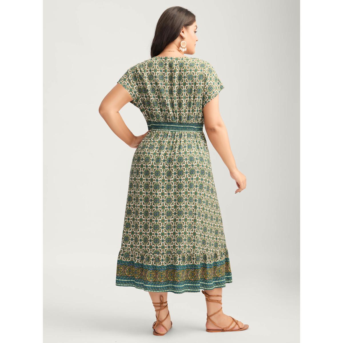 Plus Size Rayon Floral Boho Print Pockets Midi Dress Multicolor Women Boho Shirred V-neck Short sleeve Curvy BloomChic 10/M Product Image