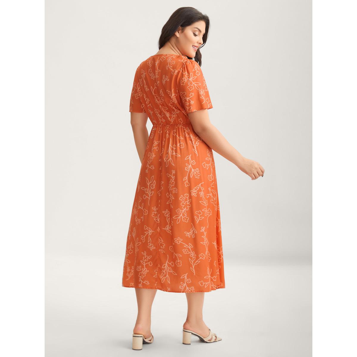 Plus Size Rayon Silhouette Floral Print Midi Dress Rust Women Leisure Overlap Collar Short sleeve Curvy BloomChic 12/L Product Image
