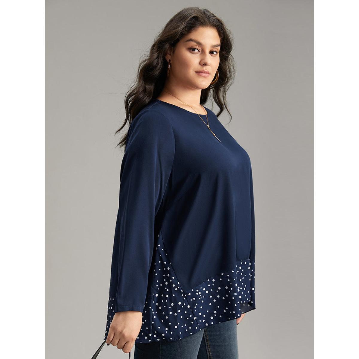 Plus Size Indigo Polka Dot Patchwork Long Sleeve Blouse Women Office Long Sleeve Round Neck Office Blouses BloomChic 30/6X Product Image