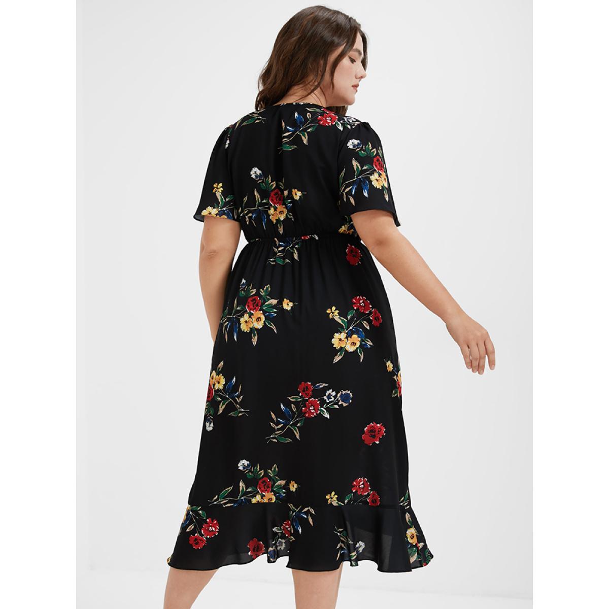 Plus Size Floral Ruffles Knot Wrap Midi Dress Black Women Elegant Ruffles V-neck Short sleeve Curvy Midi Dress BloomChic 16/1X Product Image