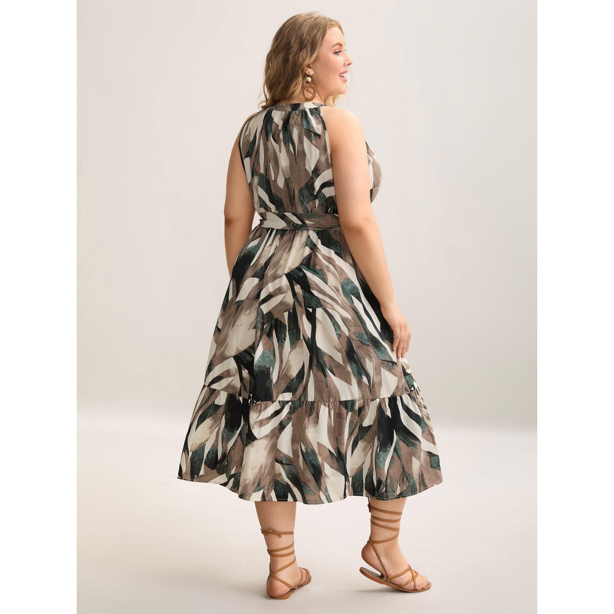 Plus Size Leaf Print Halter Neck Tiered Midi Dress DarkGreen Women Resort Belted Round Neck Sleeveless Curvy BloomChic 30/6X Product Image