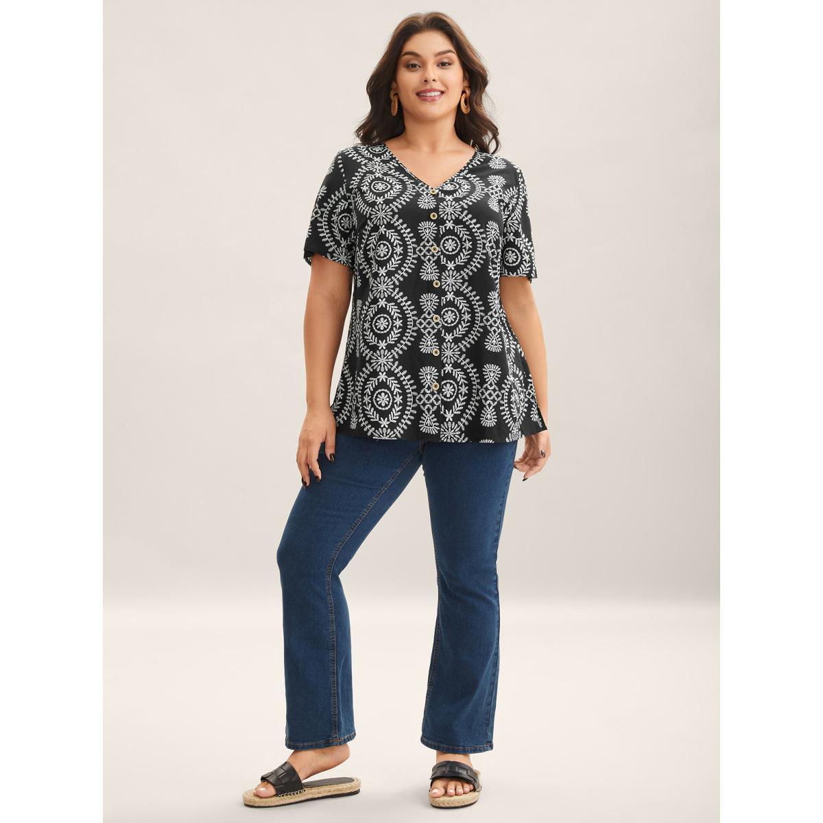 Plus Size Black Boho Print Button Placket Blouse Women Short sleeve V-neck Vacation Blouses BloomChic 14-16/1X Product Image