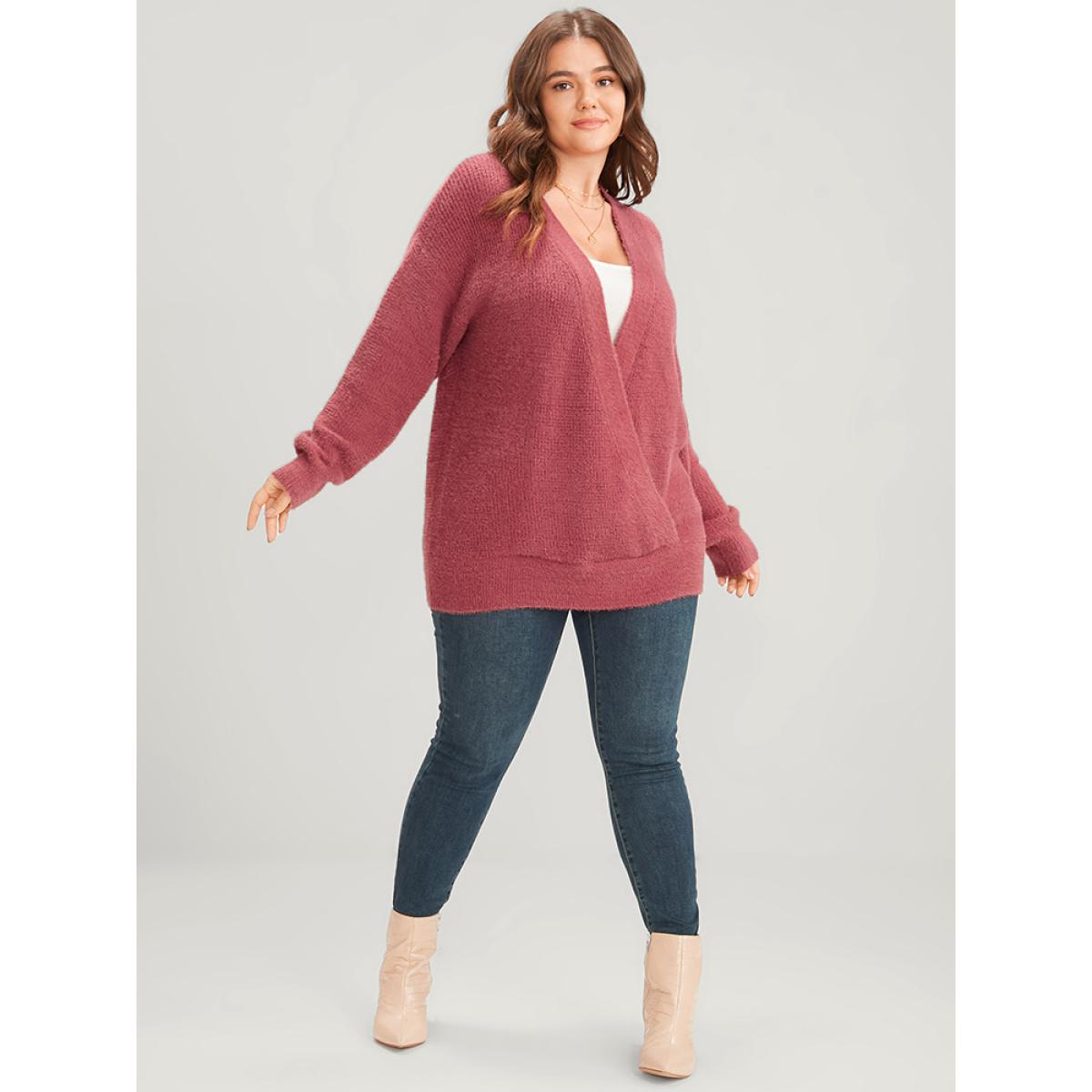 Plus Size Solid Pointelle Knit Surplice Neck Fluffy Knit Top Rust Women Casual Loose Long Sleeve Deep V-neck Dailywear Pullovers BloomChic 10/M Product Image