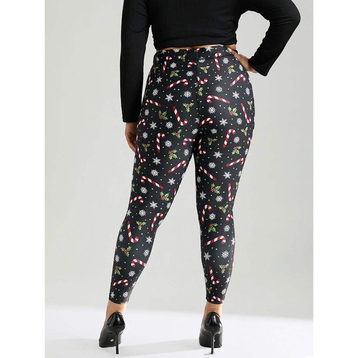 Plus Size Christmas Print Elastic Waist Skinny Leggings Women BlackFlower Casual High stretch Skinny High Rise Festival-Christmas Leggings BloomChic 12/L Product Image