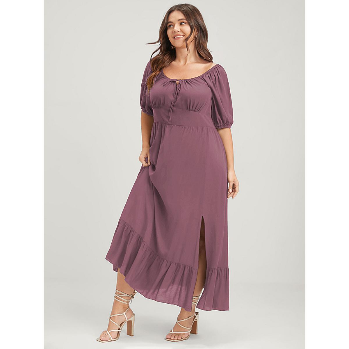 Plus Size Solid Pocket Lantern Sleeve Ruffles Ties Square Neck Maxi Dress DustyPink Women Elegant Plain Square Neck Half Sleeve Curvy Long Dress BloomChic 14-16/1X Product Image