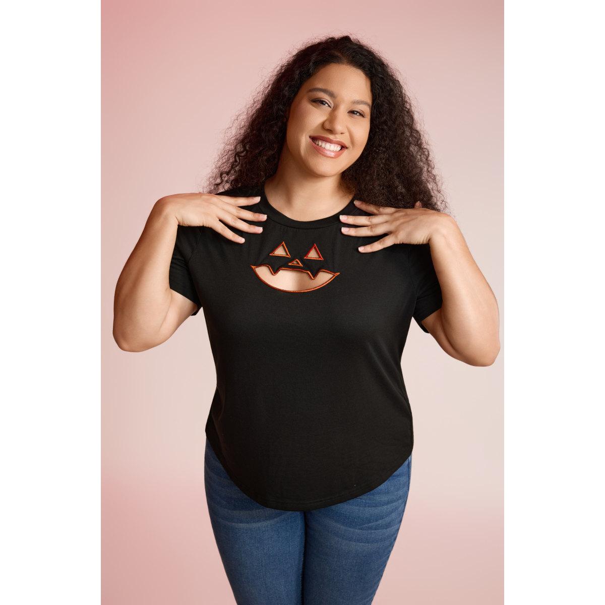 Plus Size Jack-O-Lantern Neck Hollow Embroidered T-shirt Black Women Playful Cut-Out Halloween Round Neck Casual T-shirts BloomChic 22-24/3X Product Image