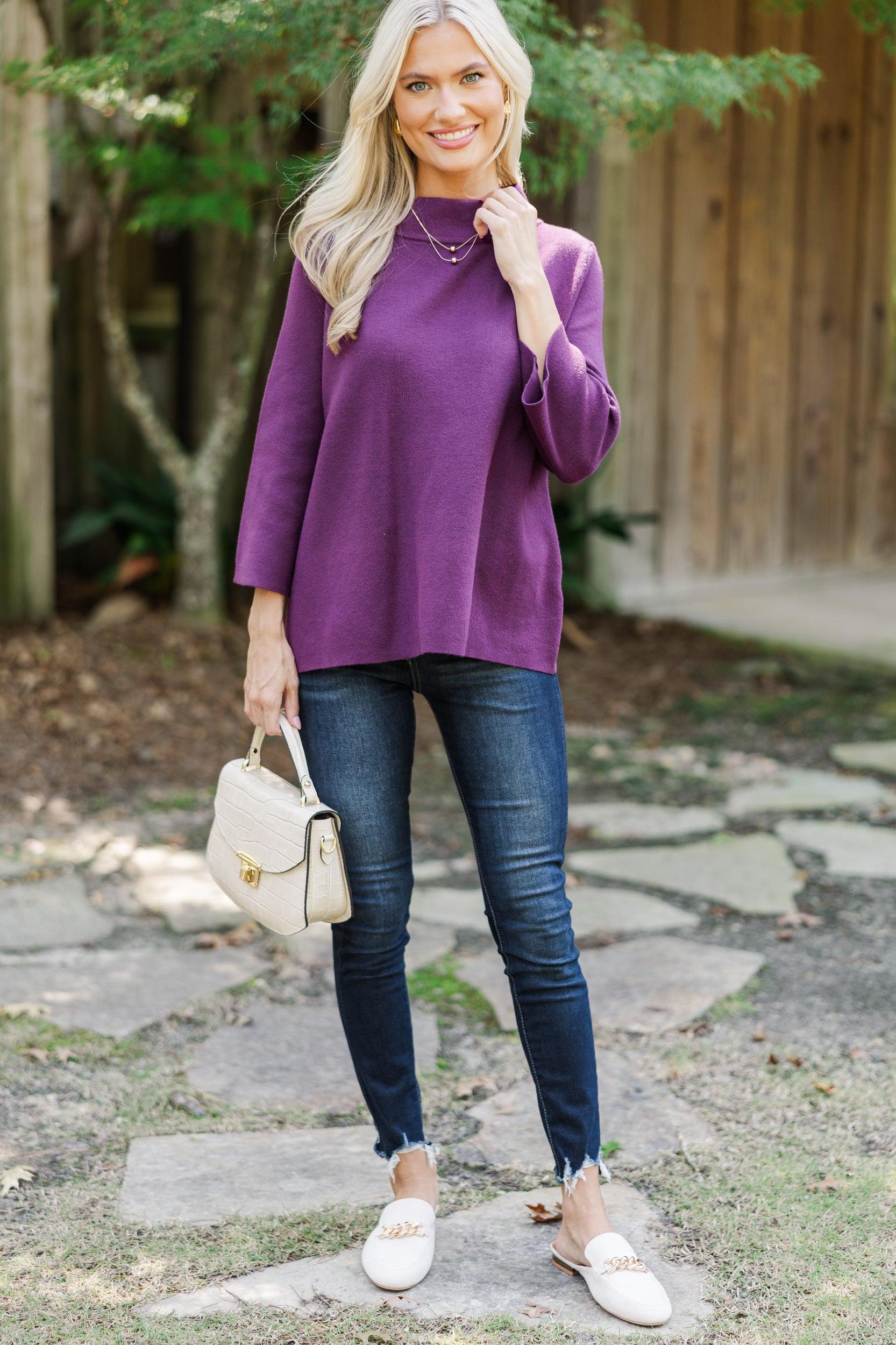 Just A Feeling Plum Purple Mock Neck Sweater Female Product Image