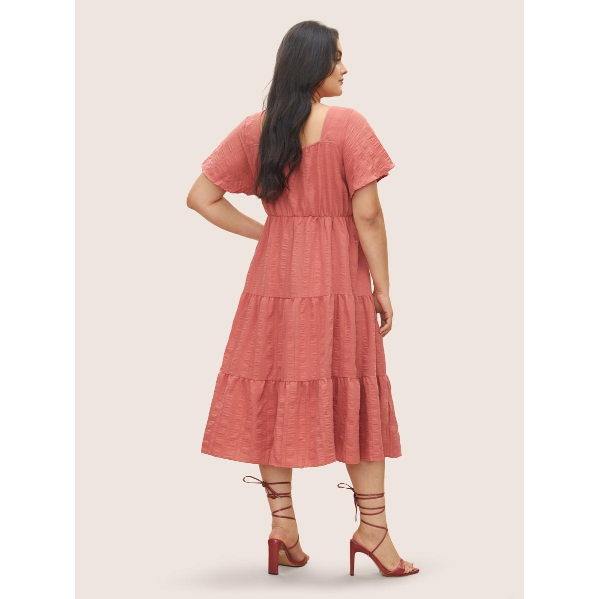 Plus Size Plain Ruched Drawstring Pocket Ruffle Tiered Dress DustyPink Women Elegant Non V-neck Short sleeve Curvy Midi Dress BloomChic 22-24/3X Product Image