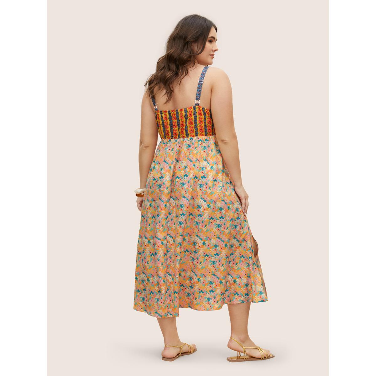 Plus Size Boho Print Elastic Waist Split Hem Dress Lightorange Women Resort Patchwork Non Sleeveless Curvy BloomChic 10/M Product Image