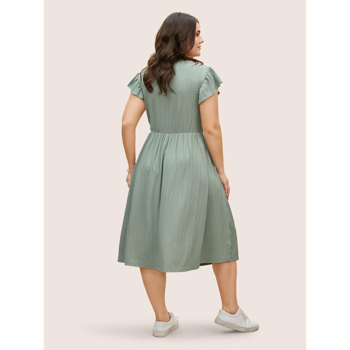 Plus Size Texture Button Detail Ruffle Cap Sleeve Dress Sage Women Casual Texture V-neck Cap Sleeve Curvy BloomChic 14-16/1X Product Image