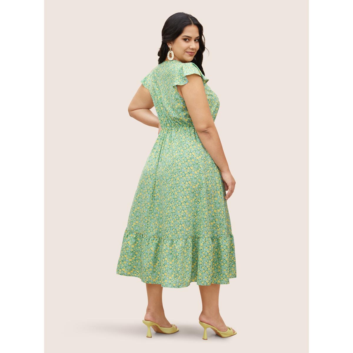 Plus Size Ditsy Floral Ruffles Button Up Drawstring Dress Mint Women Elegant Patchwork Round Neck Cap Sleeve Curvy BloomChic 30/6X Product Image