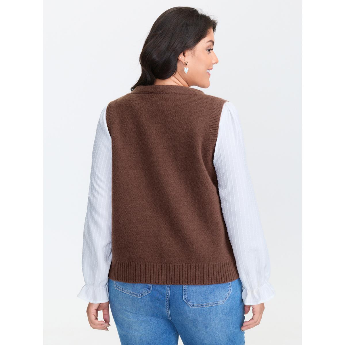 Plus Size Heart Print Button Front Cardigan Browncoffeecolor Women Playful Sleeveless Casual Cardigans BloomChic 18-20/2X Product Image