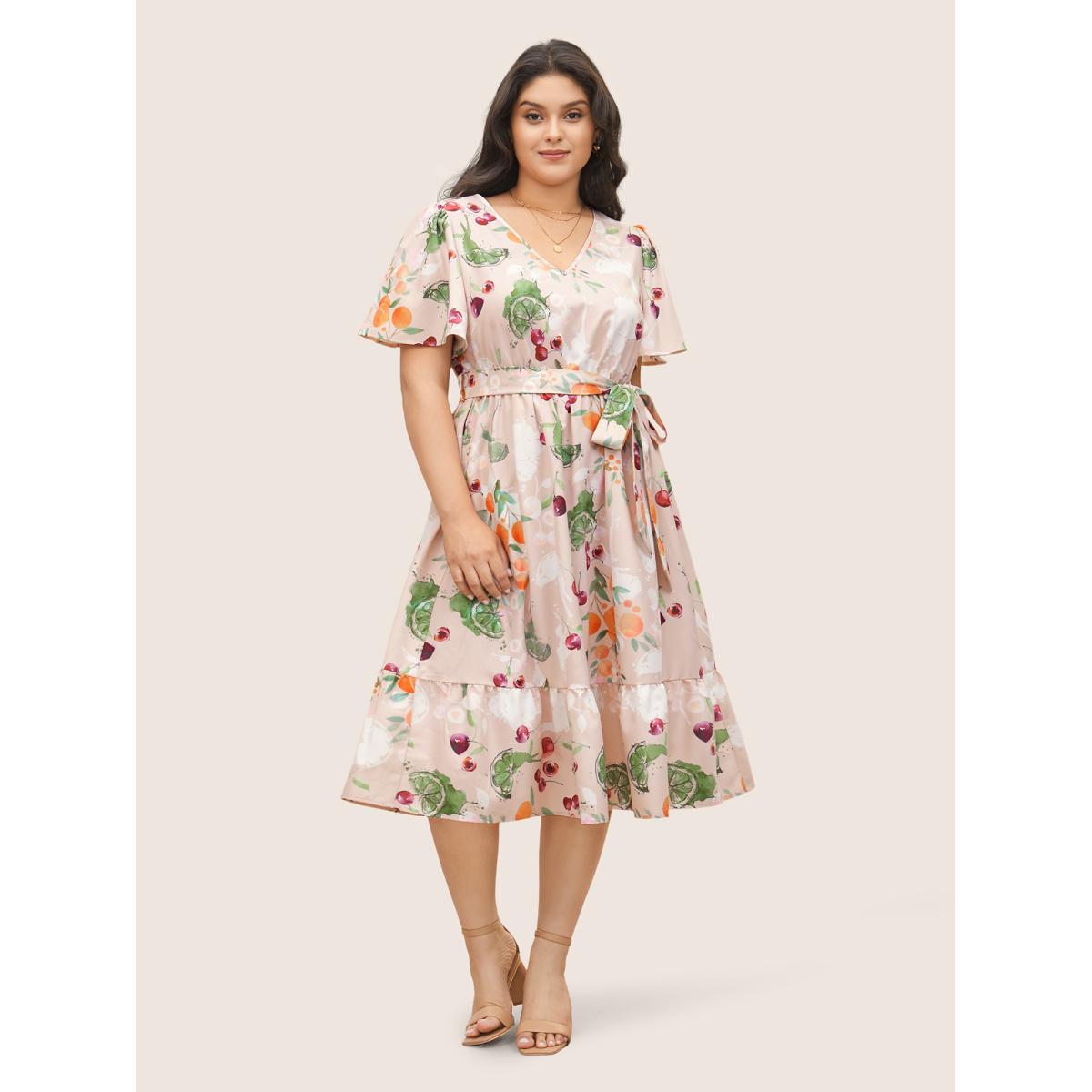 Plus Size Citrus Fruits Print Elastic Waist Belted Pocket Dress Apricot Women Elegant Non V-neck Short sleeve Curvy Midi Dress BloomChic 28/5X Product Image