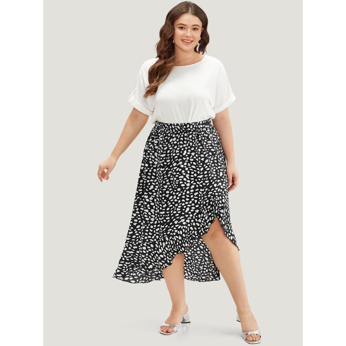 Plus Size Leopard Elastic Waist Ruffles Asymmetrical Hem Skirt Women Black Elegant Elastic Waist Low stretch Dailywear Skirts BloomChic 26/4X Product Image