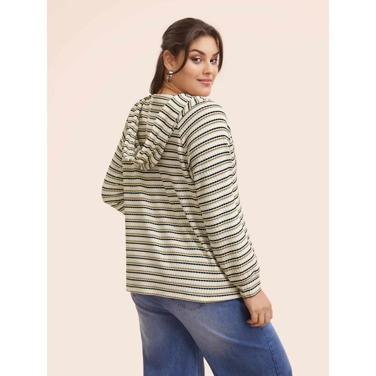 Plus Size Striped Texture Raglan Sleeve Hooded T-shirt Multicolor Women Casual Texture Hooded Everyday T-shirts BloomChic 26/4X Product Image