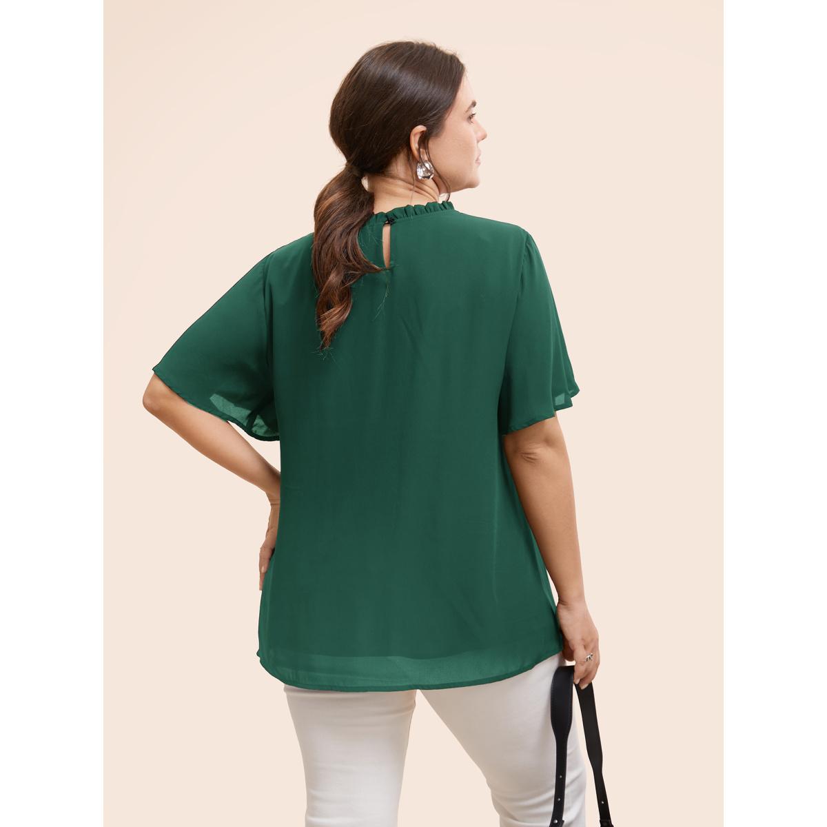 Plus Size DarkGreen Anti-Wrinkle Shirred Ruffle Sleeve Mesh Frill Trim Blouse Women Office Short sleeve Stand-up collar Office Blouses BloomChic 26/4X Product Image