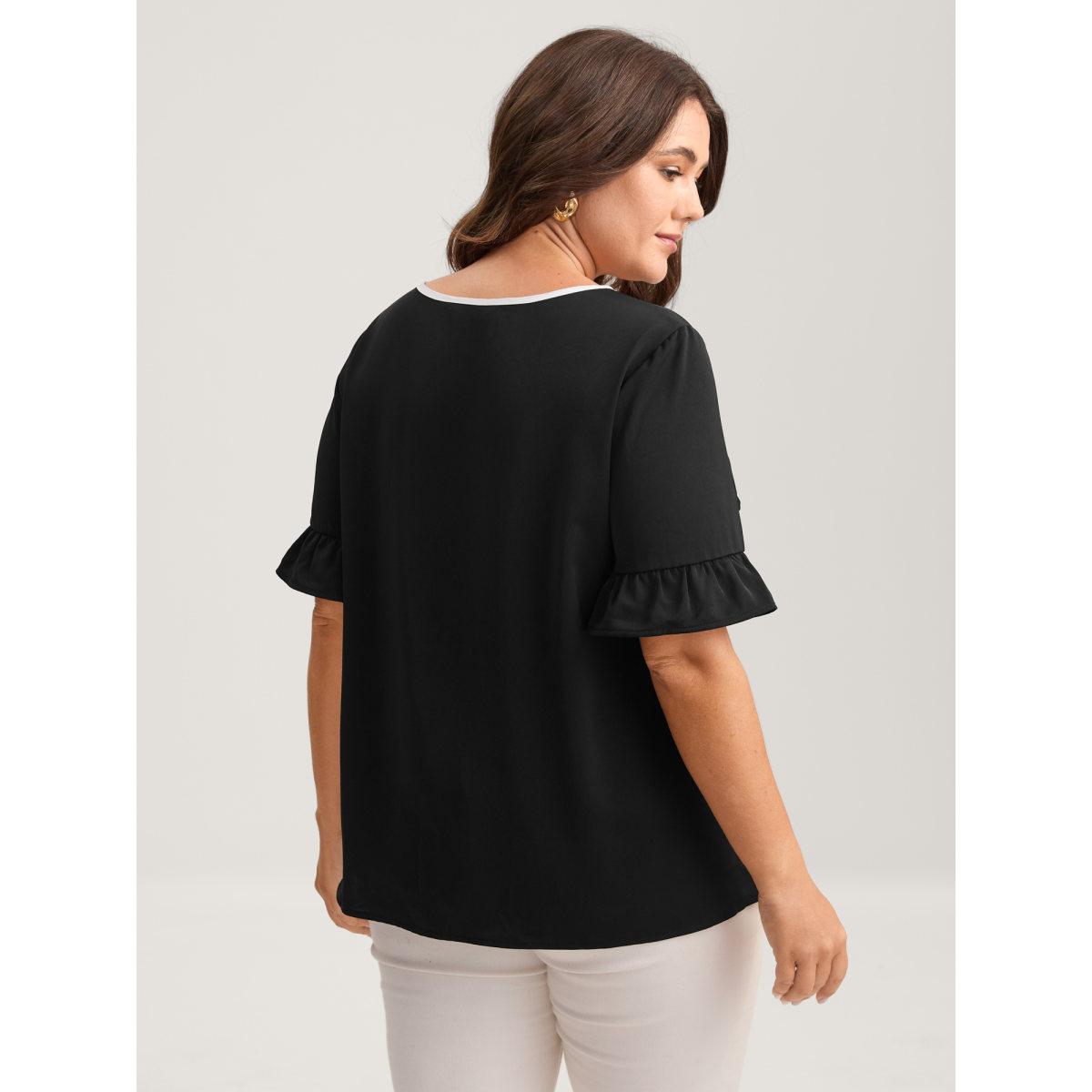 Plus Size Black Metallic Detail Neck Cut-Out Blouse Women Short sleeve Boat Neck Work Blouses BloomChic 12/L Product Image