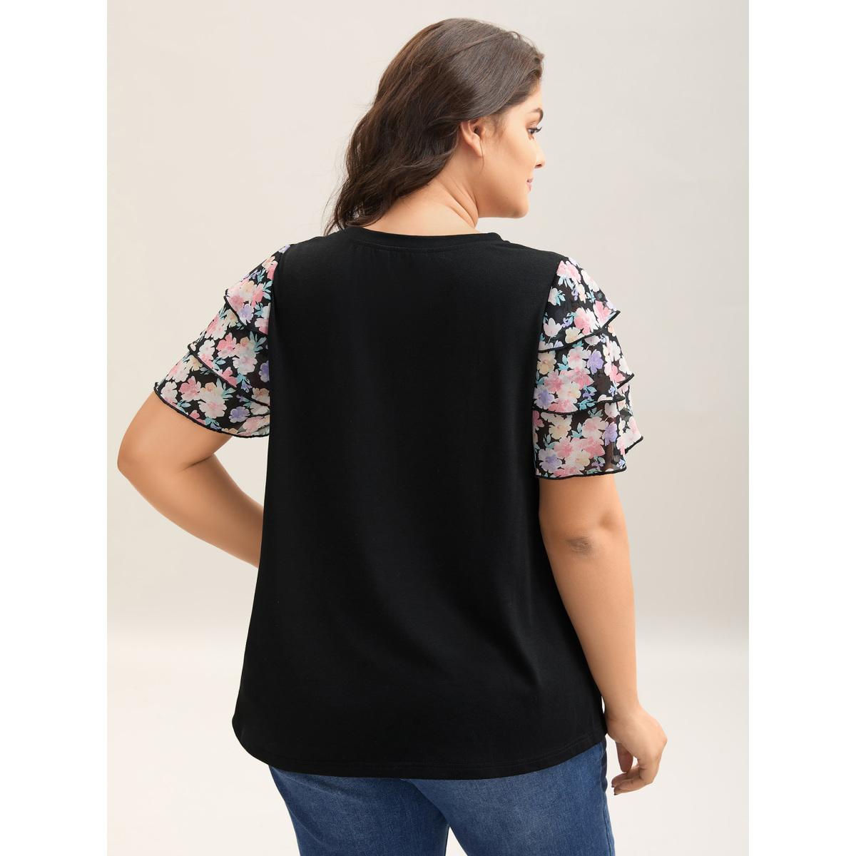 Plus Size Floral Layered Sleeve Spliced Plain T-Shirt Black Women Contrast Round Neck Everyday-Casual T-shirts BloomChic 18-20/2X Product Image