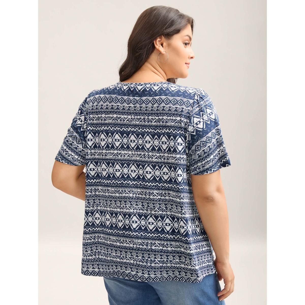 Plus Size Boho Print Square Neck T-Shirt Indigo Women Leisure Gathered Square Neck Casual T-shirts BloomChic 18-20/2X Product Image