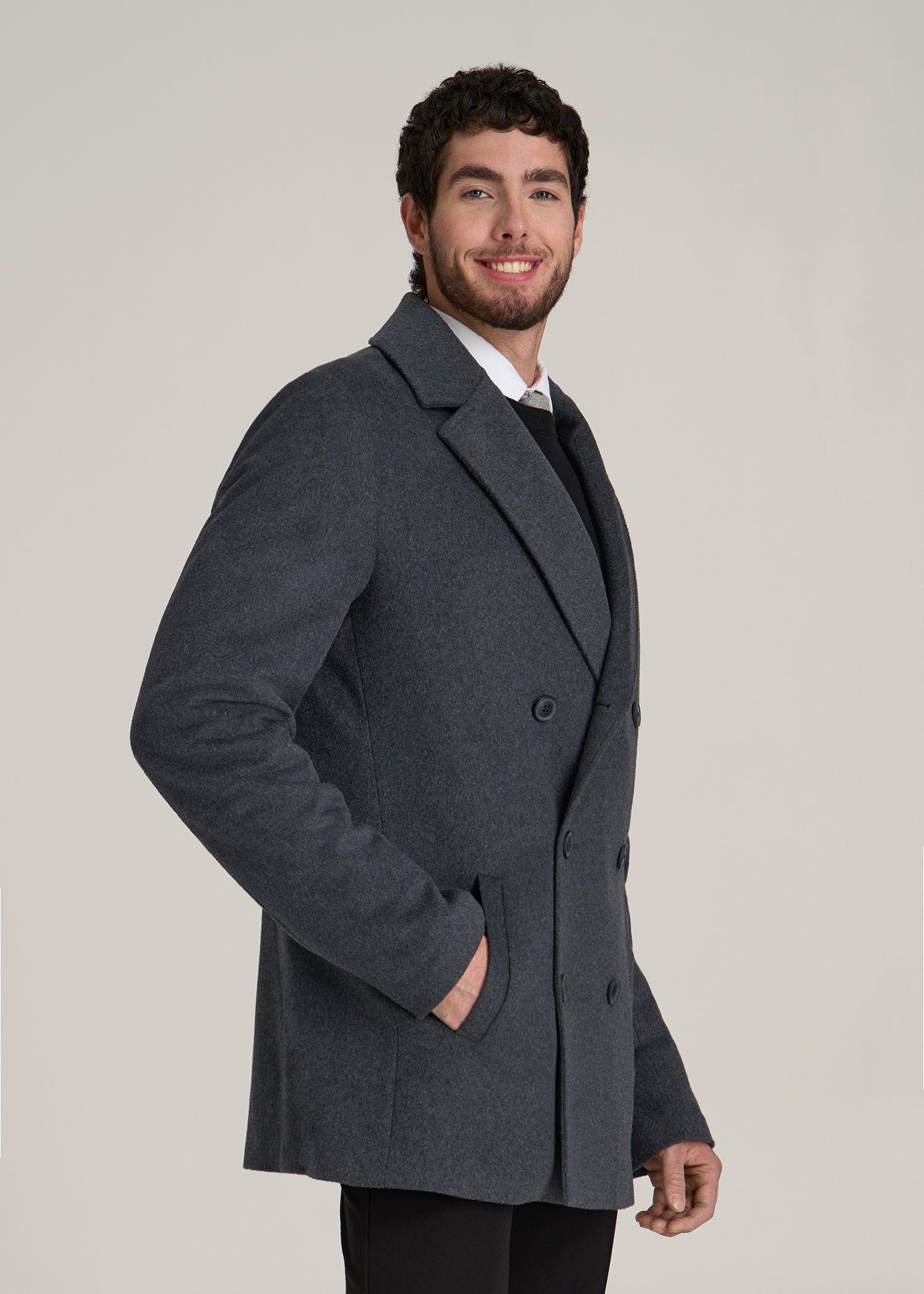 Double-Breasted Wool Peacoat for Tall Men in Dark Grey Mix Male Product Image