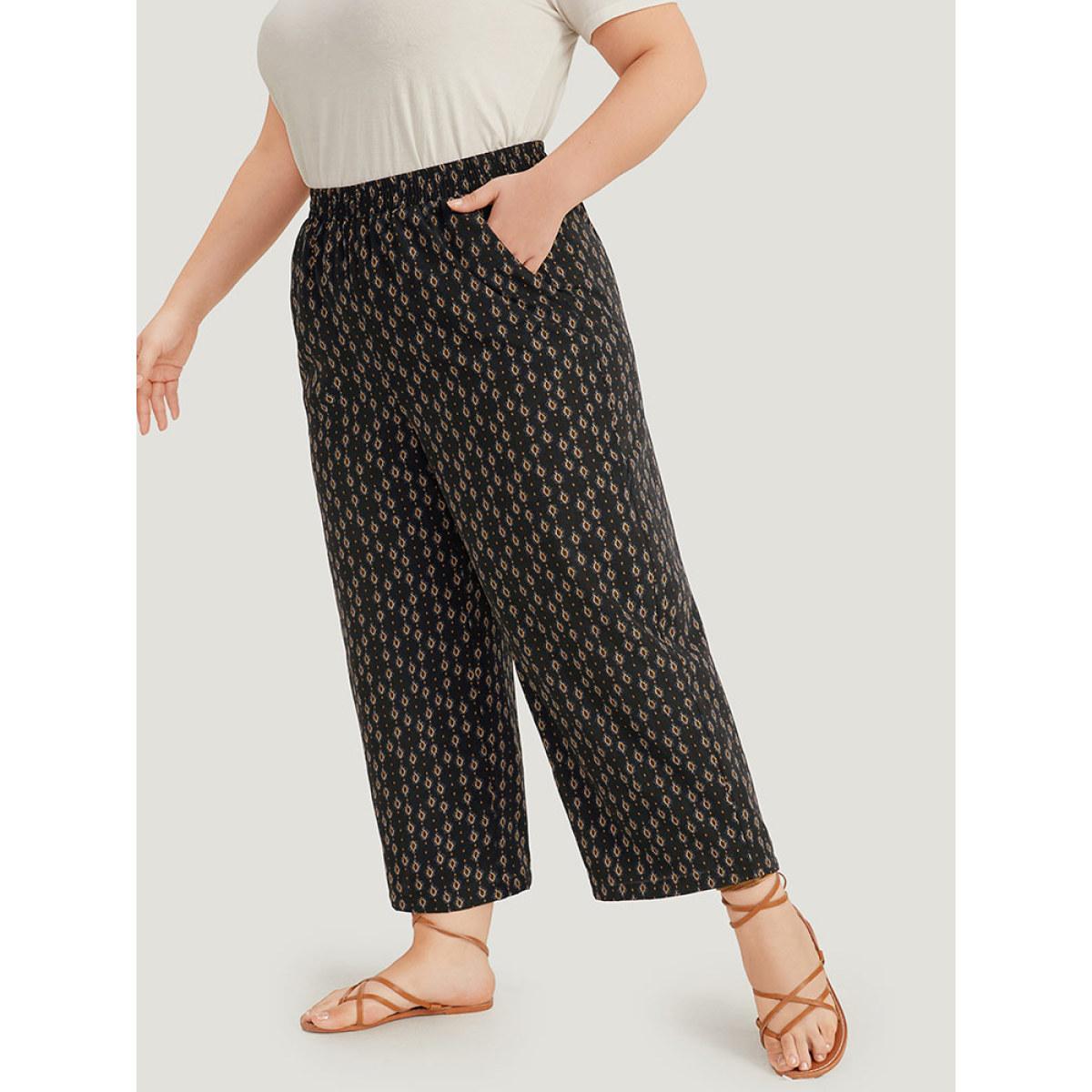 Plus Size Boho Print Pocket Elastic Waist Pants Women Black Casual High Rise Dailywear Pants BloomChic 28/5X Product Image