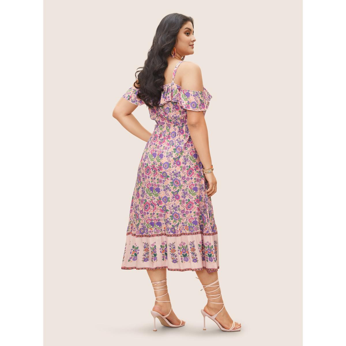 Plus Size Floral Cold Shoulder Ruffles Shirred Dress Pink Women Resort Shirred Non Short sleeve Curvy Midi Dress BloomChic 14-16/1X Product Image