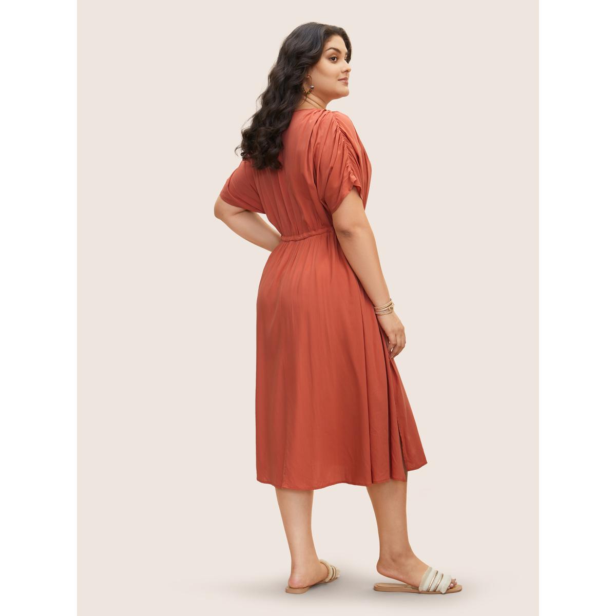 Plus Size Solid Drawstring Gathered Dolman Sleeve Dress Coral Women Resort Gathered V-neck Half Sleeve Curvy BloomChic 28/5X Product Image
