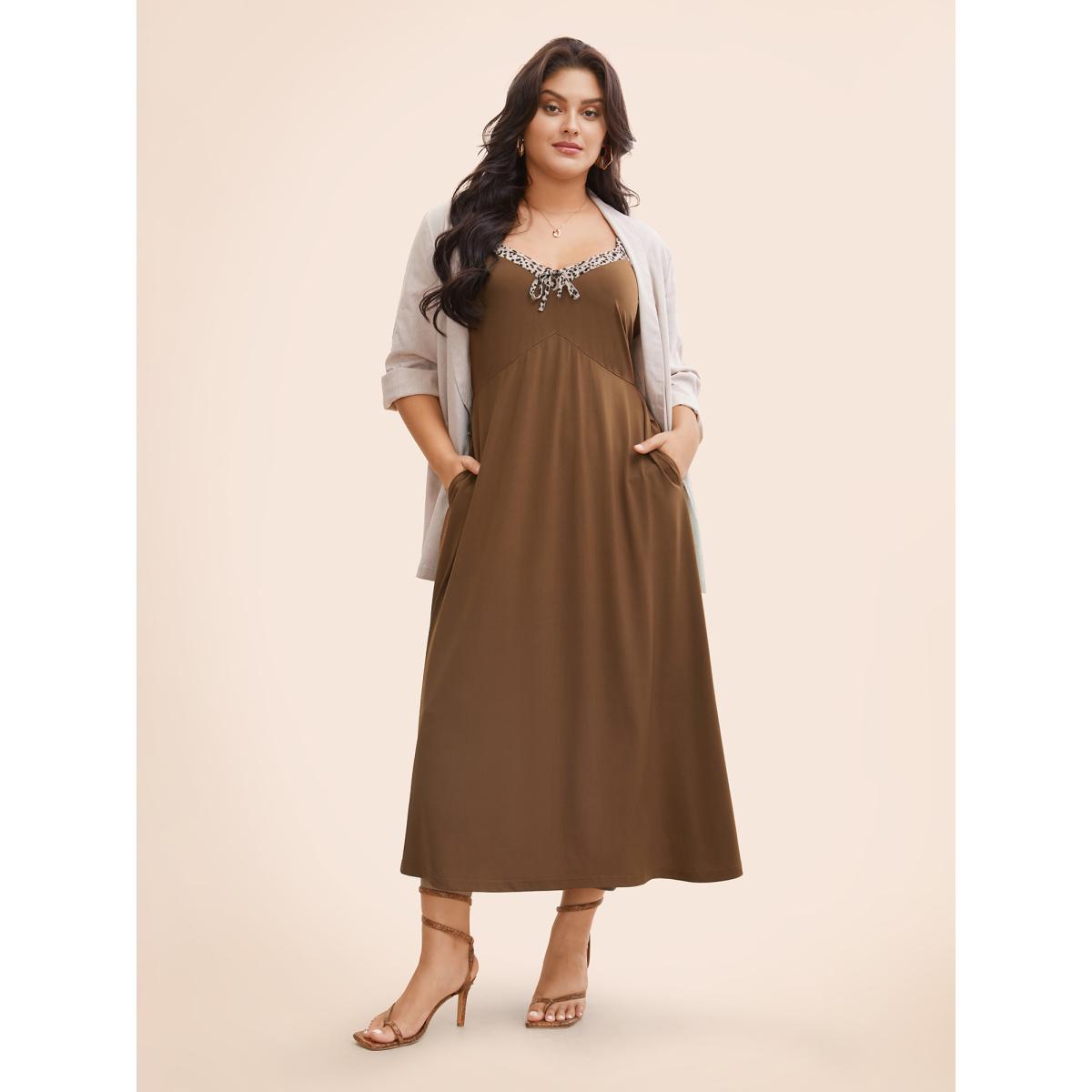 Plus Size Leopard Print Patchwork Ties Cami Dress Browncoffeecolor Women Elegant Tie knot V-neck Sleeveless Curvy BloomChic 14-16/1X Product Image