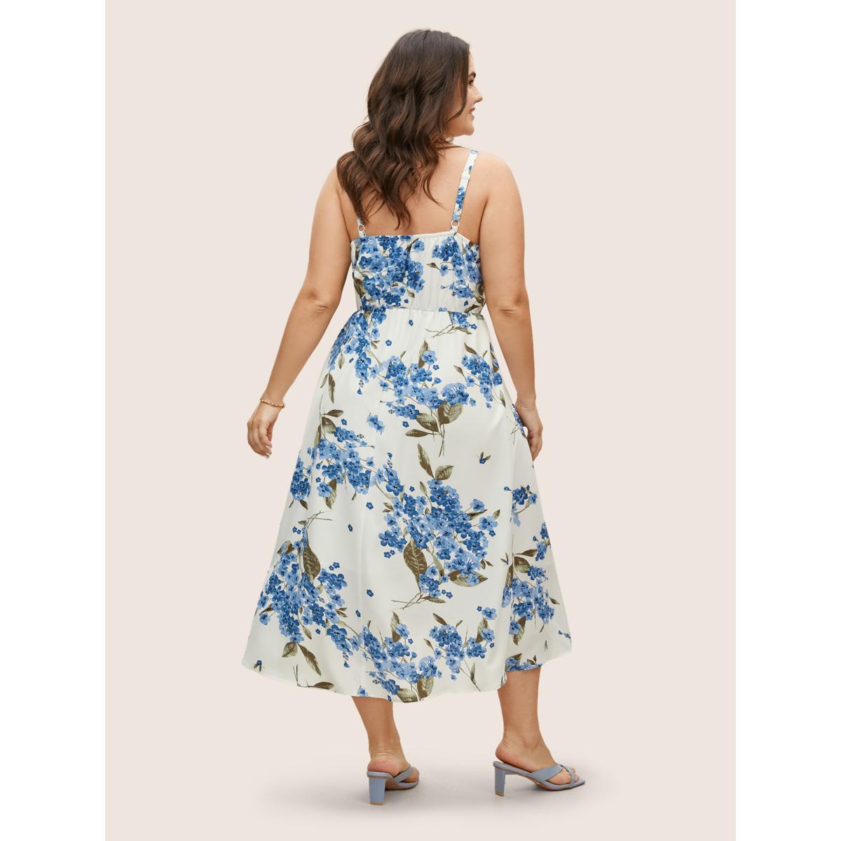 Plus Size Floral Print Ruffles Elastic Waist Cami Dress Mediumblue Women Elegant Non Sleeveless Curvy BloomChic 14-16/1X Product Image