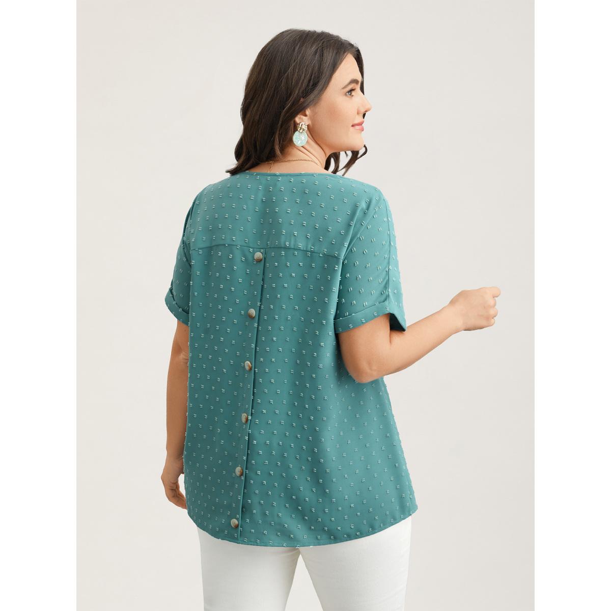 Plus Size Teal Back-Button Textured V-Neck Shirt Women Timeless Short sleeve V-neck Elegant Blouses BloomChic 28/5X Product Image