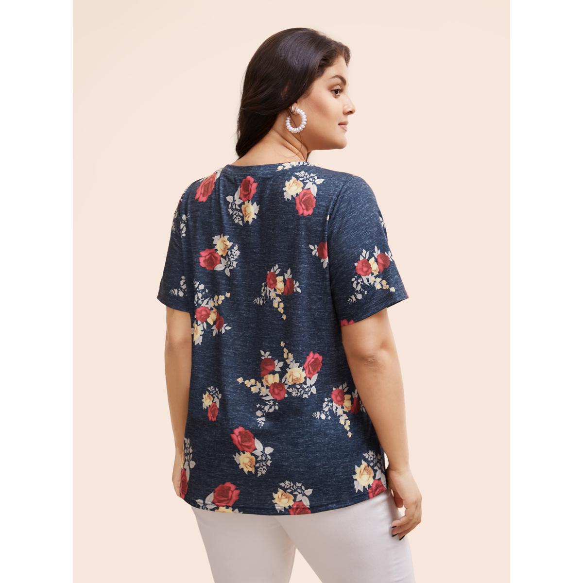 Plus Size Floral Print Heather Patched Pocket T-shirt Multicolor Women Elegant Printed Floral V-neck Dailywear T-shirts BloomChic 18-20/2X Product Image