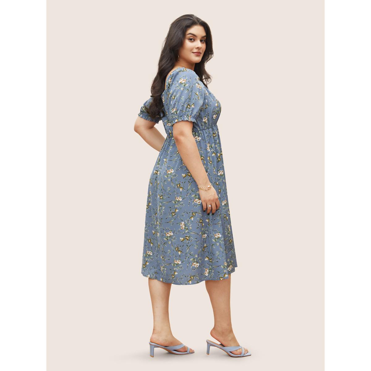 Plus Size Ditsy Floral Square Neck Elastic Waist Gathered Dress Stone Women Elegant Non Square Neck Short sleeve Curvy Midi Dress BloomChic 12/L Product Image