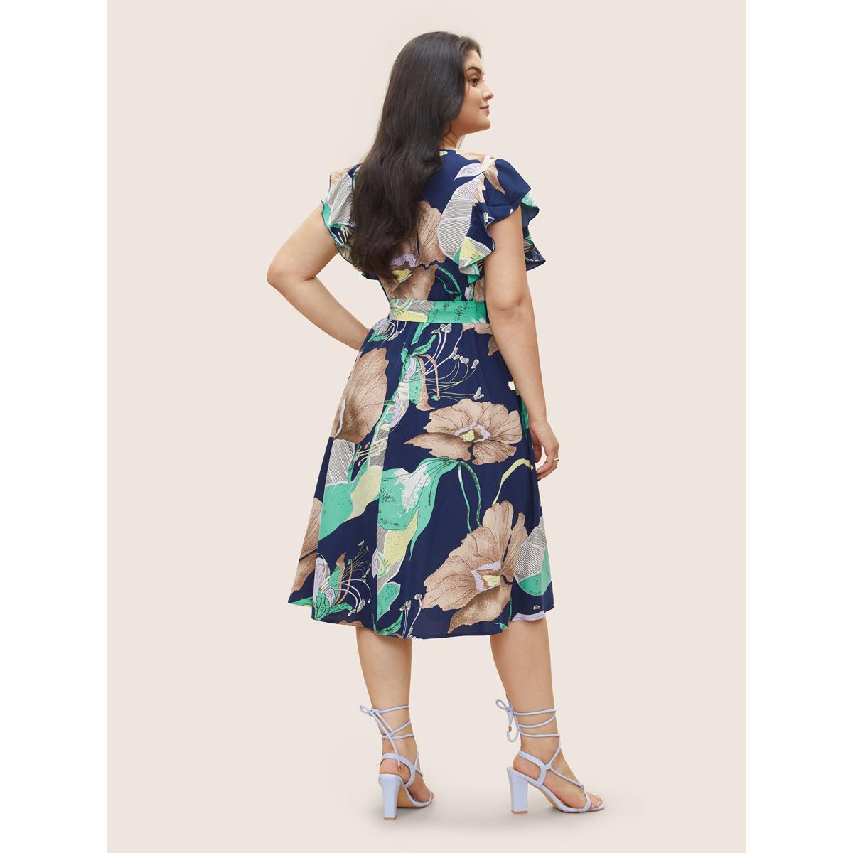 Plus Size Floral Print Flutter Sleeve Belted Midi Dress DarkBlue Women Elegant Non V-neck Cap Sleeve Curvy Midi Dress BloomChic 26/4X Product Image