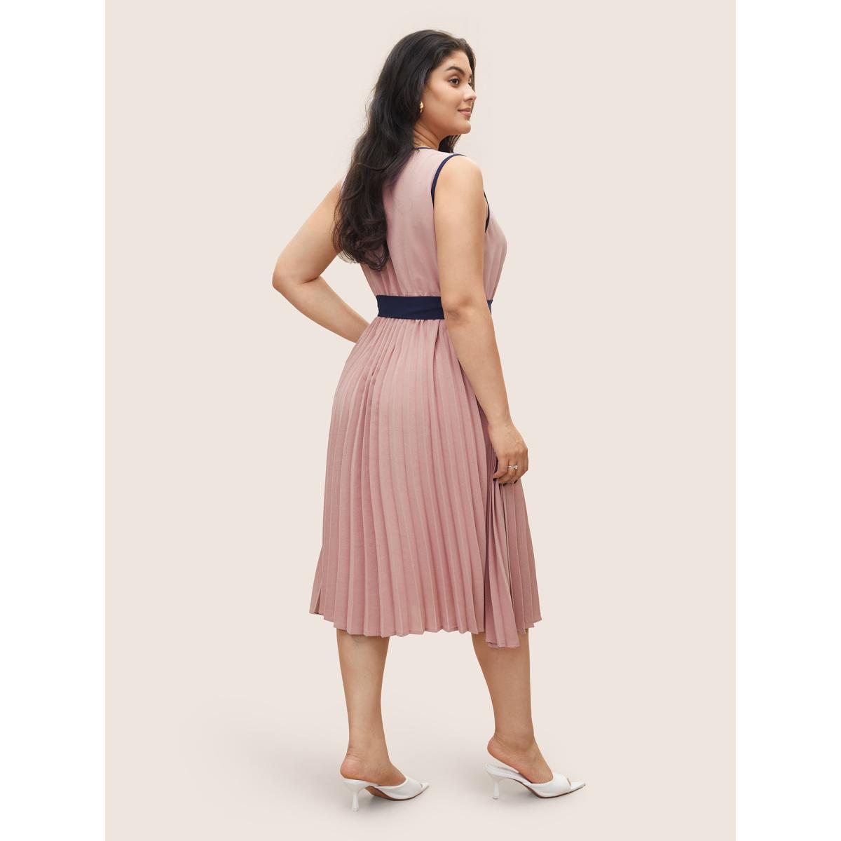 Plus Size Colorblock Contrast Pleated Belted Sleeveless Dress Multicolor Women At the Office Belted Round Neck Sleeveless Curvy Midi Dress BloomChic 10/M Product Image
