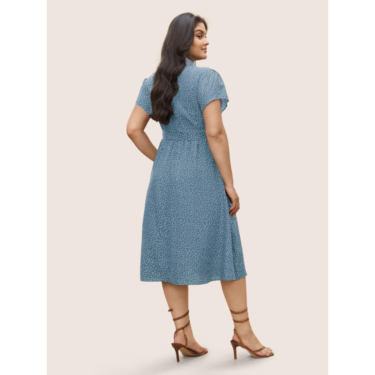 Plus Size Polka Dot Shirt Collar Pocket Button Up Dress Stone Women At the Office Non Shirt collar Short sleeve Curvy Midi Dress BloomChic 18-20/2X Product Image
