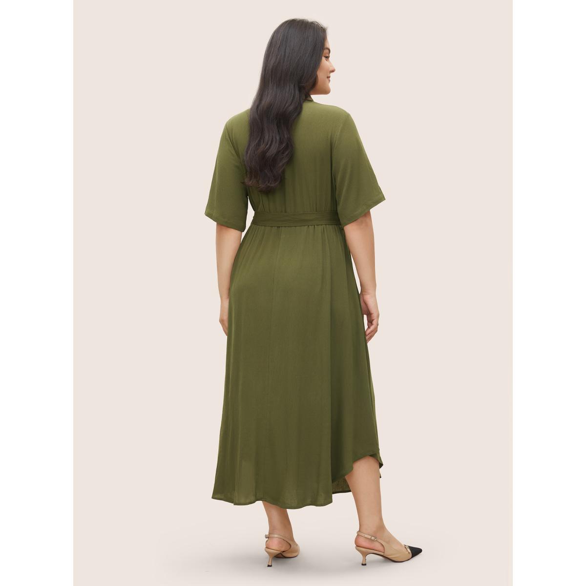 Belted Shirt Collar Button Plus Size Shirtdress Women Workleisure Plain Sleeve Short Sleeve Shirt Collar Pocket Workwear Long Dress BloomChic Product Image