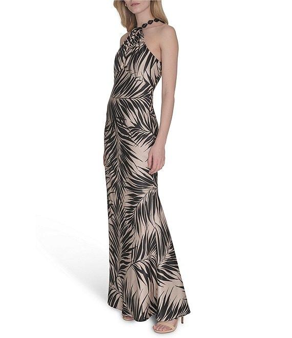 Vince Camuto Printed Satin Beaded Halter Neck Sleeveless Gown Product Image