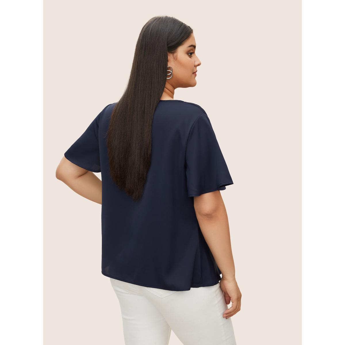 Plus Size Indigo Plain Cowl Neck Ruffle Sleeve Blouse Women Work From Home Short sleeve Cowl Neck Work Blouses BloomChic 12/L Product Image