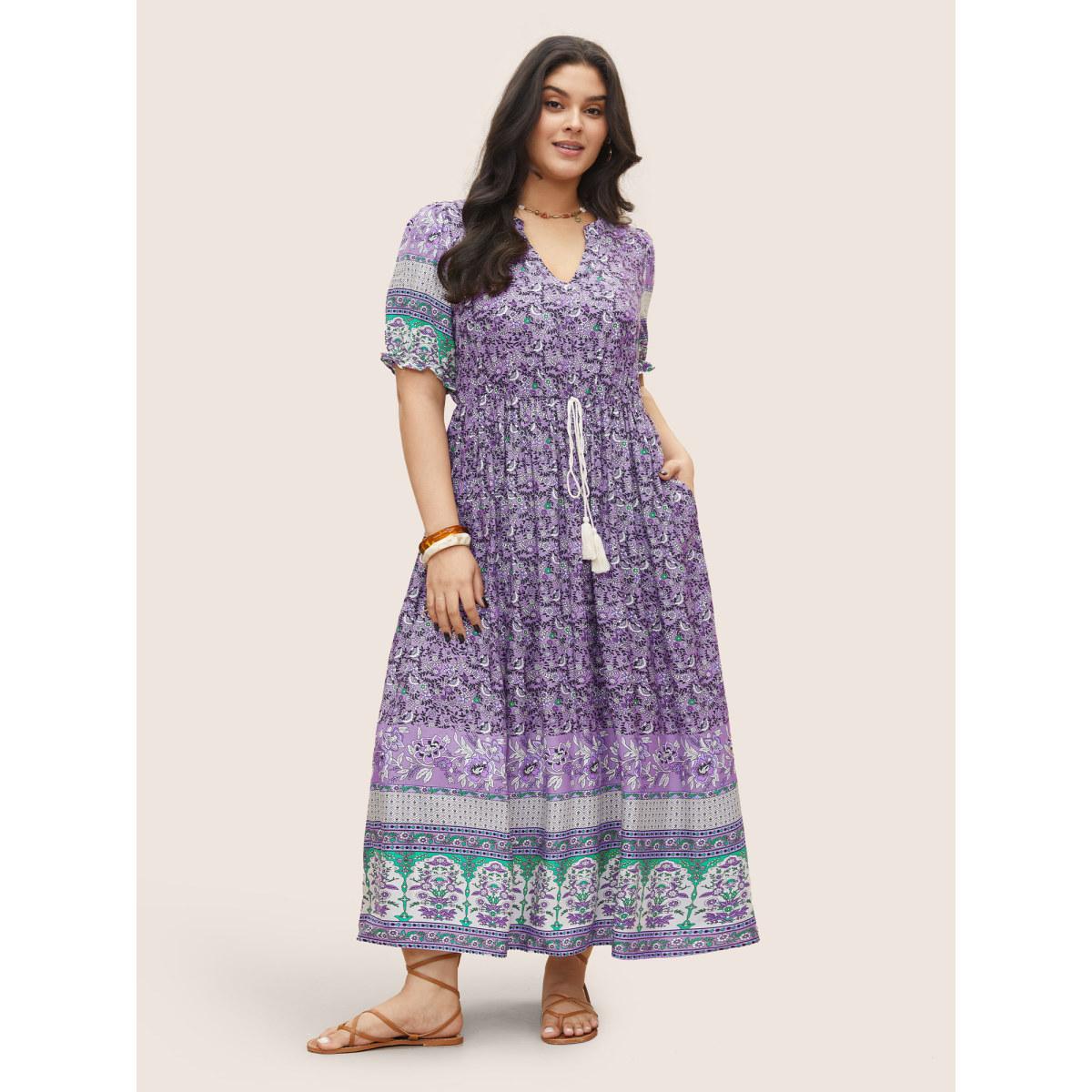 Plus Size Boho Print Notched Ties Tassel Trim Dress Lilac Women Boho Non Flat collar with V-notch Short sleeve Curvy BloomChic 14-16/1X Product Image