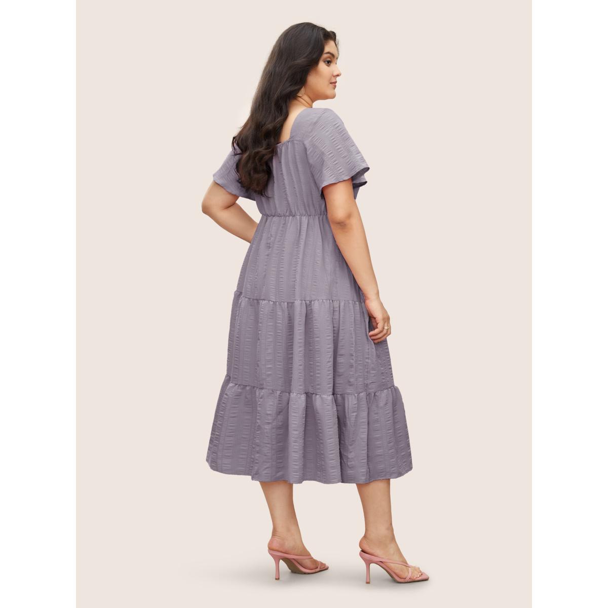 Plus Size Plain Ruched Drawstring Pocket Ruffle Tiered Dress Lilac Women Timeless Non V-neck Short sleeve Curvy Midi Dress BloomChic 22-24/3X Product Image