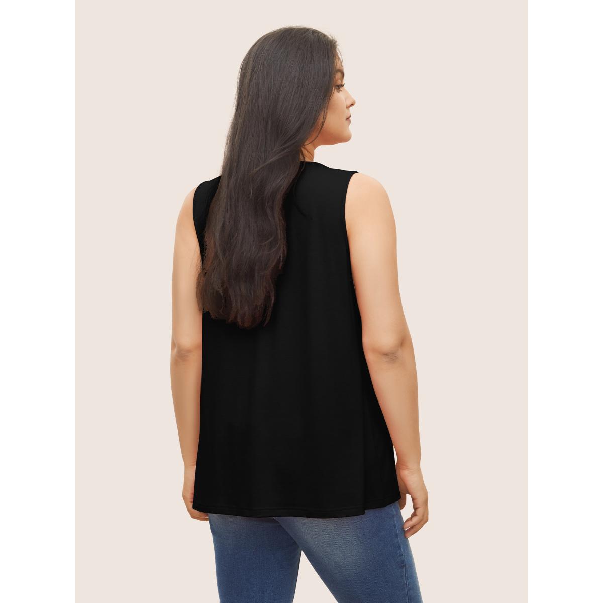 Plus Size Plain Round Neck Plicated Detail Tank Top Women Black Timeless Non U-neck Elegant Tank Tops Camis BloomChic 14-16/1X Product Image