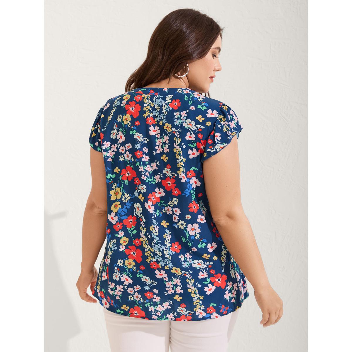 Plus Size DarkBlue Rayon Playful Floral Shirred Blouse Women Cap Sleeve Notched collar Vacation Blouses BloomChic 12/L Product Image