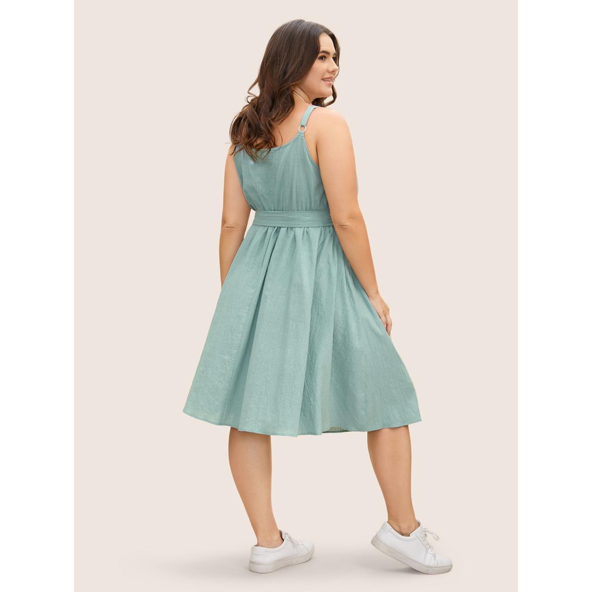 Plus Size Cotton Solid Pleated Button Detail Belted Dress Mint Women Casual Belted V-neck Sleeveless Curvy BloomChic 26/4X Product Image