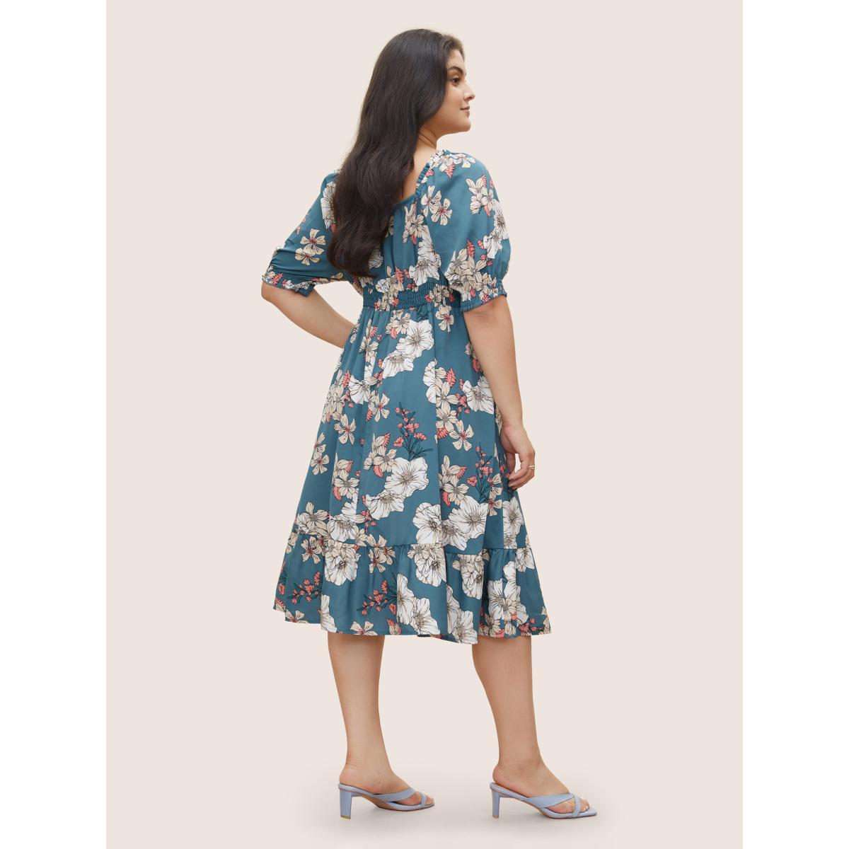 Plus Size Floral Frill Trim Shirred Pocket Square Neck Dress Stone Women Elegant Non Square Neck Short sleeve Curvy Midi Dress BloomChic 10/M Product Image