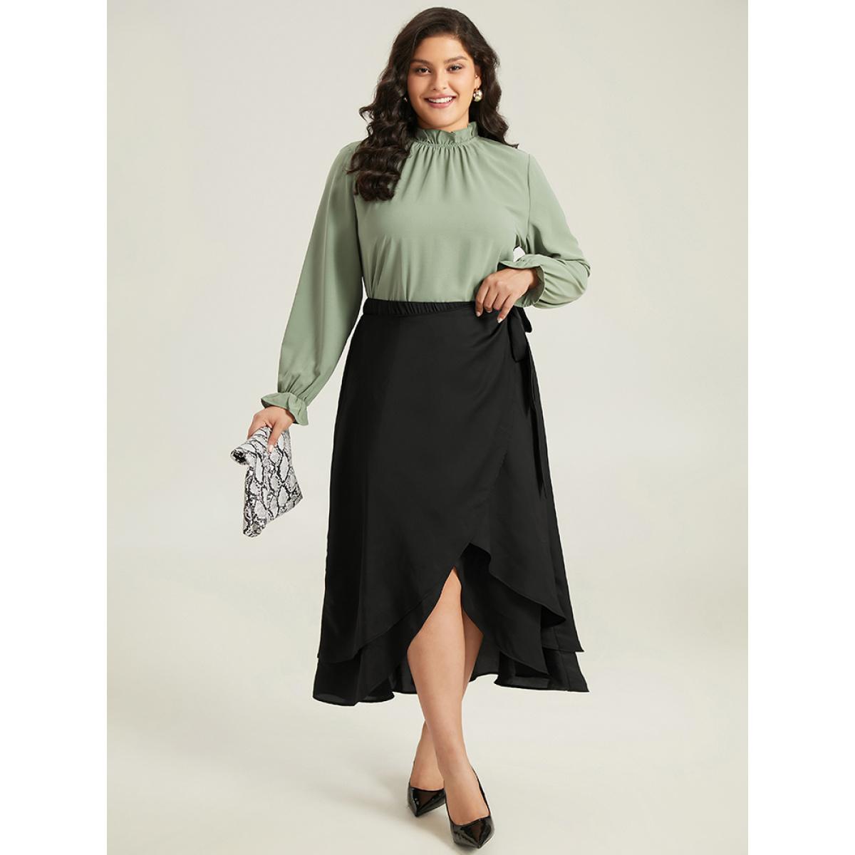 Plus Size Ruffles Ties Asymmetrical Hem Skirt Women Black Office Plain No stretch Work Skirts BloomChic 14-16/1X Product Image
